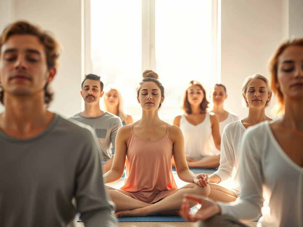 Что такое Трансцендентальная Медитация (ТМ) 3 Группа людей медитирует в светлой комнате — трансцендентальная медитация