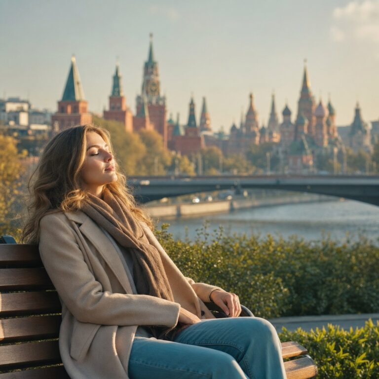 Спокойная женщина в парке Зарядье в Москве, на фоне — башни Кремля и купола собора