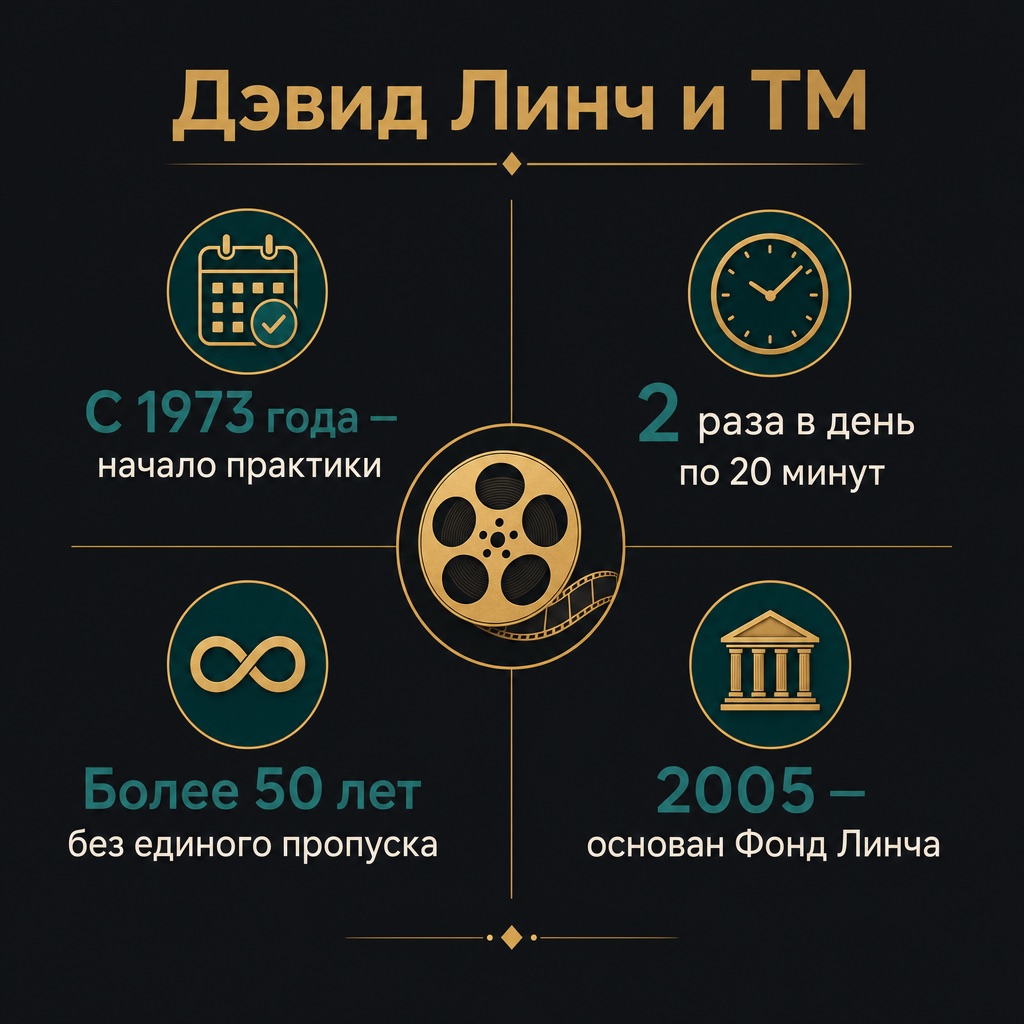 Инфографика: Дэвид Линч и ТМ в цифрах — с 1973 года, дважды в день по 20 минут, более 50 лет практики, Фонд Линча с 2005 года