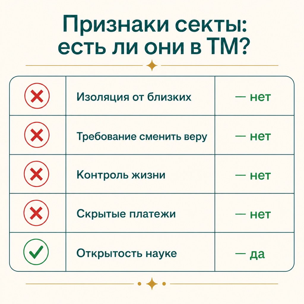ТМ — это секта? Честный разбор 2 Инфографика-чеклист: признаки секты и их отсутствие в ТМ