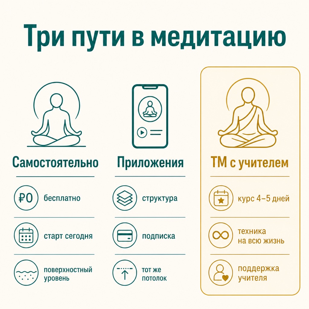 Инфографика: сравнение трёх путей в медитацию — самостоятельно, приложения, ТМ с Учителем