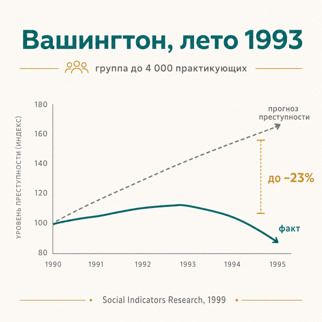 Что такое Эффект Махариши: исследования и критика 1 Стилизованный график: снижение преступности в Вашингтоне летом 1993 года относительно прогноза