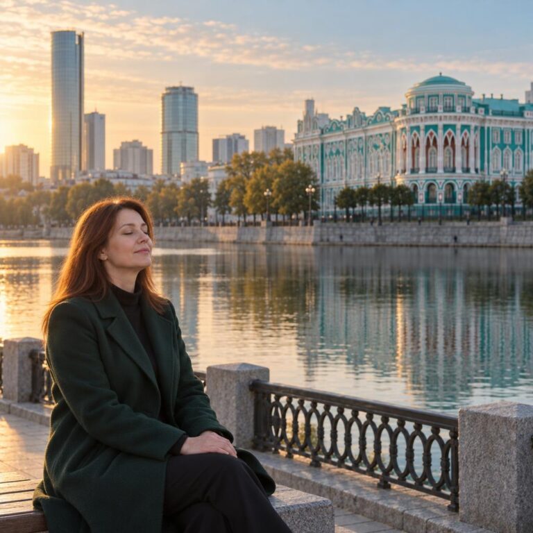 Женщина медитирует на набережной Городского пруда, вдали дом Севастьянова — обучение Трансцендентальной Медитации в Екатеринбурге