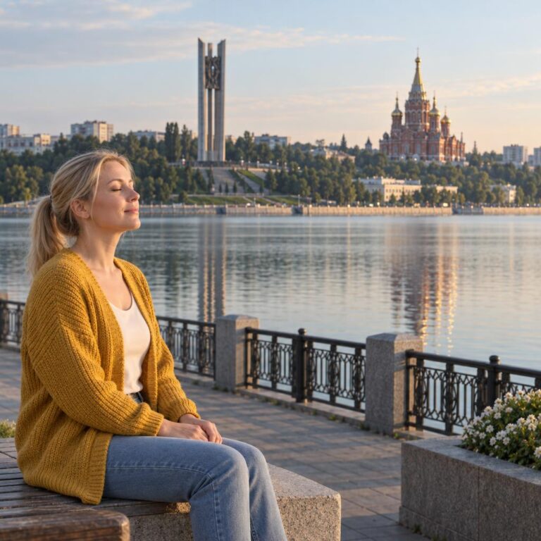 Человек медитирует на набережной Ижевского пруда на рассвете — обучение Трансцендентальной Медитации в Ижевске
