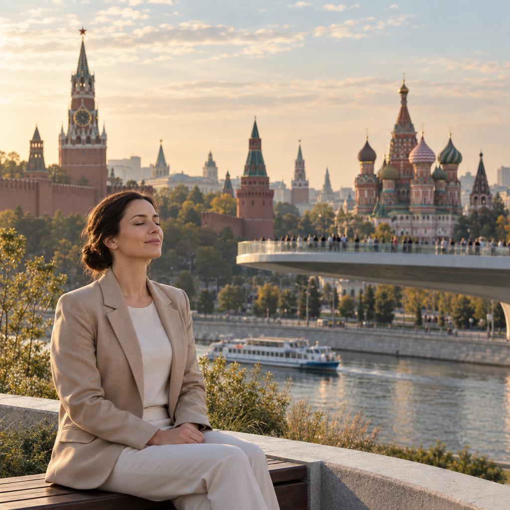 Женщина медитирует в парке «Зарядье» на фоне Кремля и храма Василия Блаженного — обучение Трансцендентальной Медитации в Москве