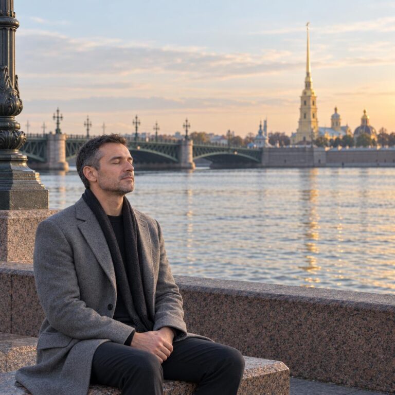Мужчина медитирует на набережной Невы напротив Петропавловской крепости — обучение Трансцендентальной Медитации в Санкт-Петербурге
