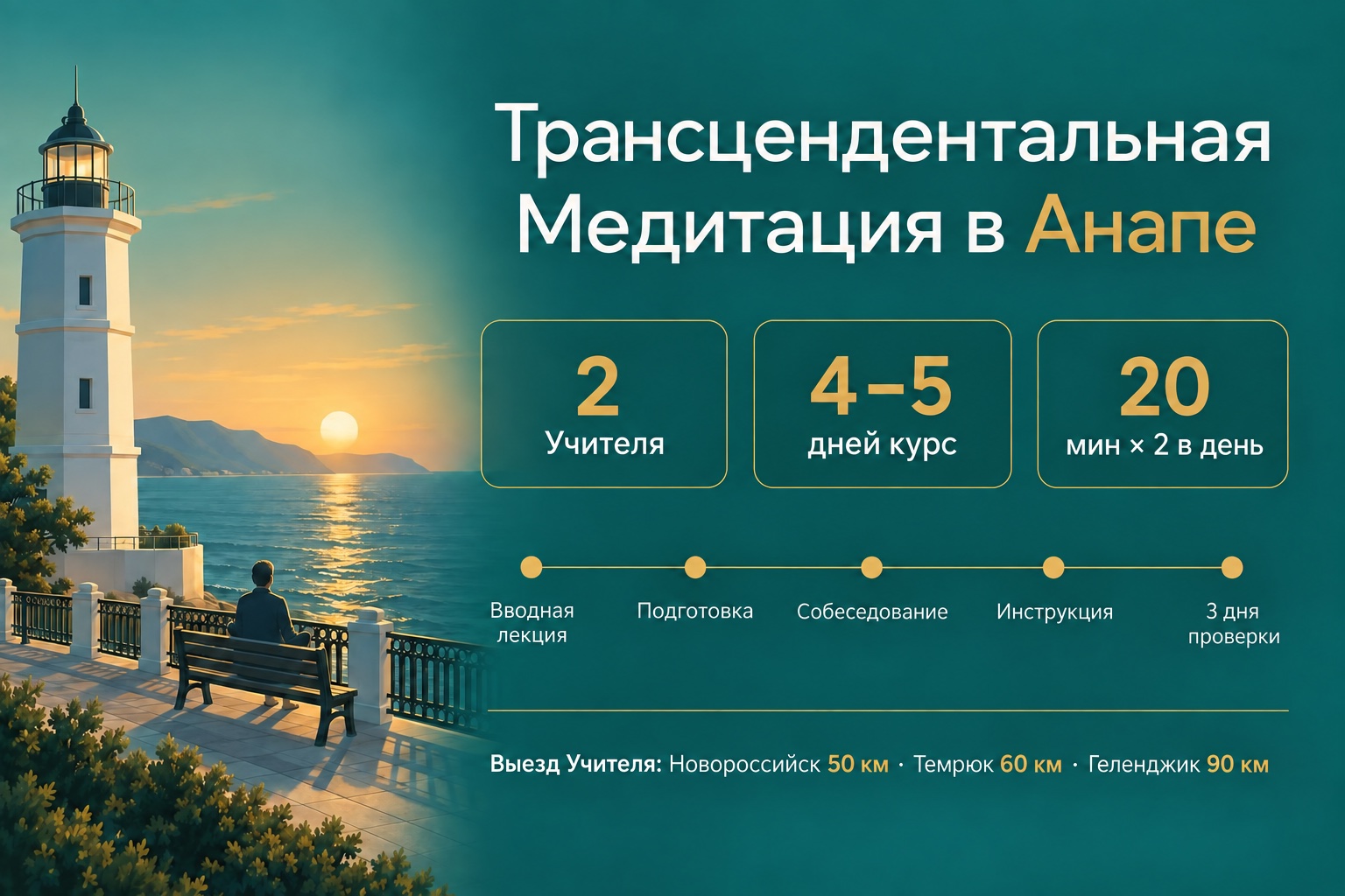 Инфографика: обучение Трансцендентальной Медитации в Анапе — 2 Учителя, курс 4–5 дней, 20 минут дважды в день, выезд Учителя: Новороссийск, Темрюк, Геленджик