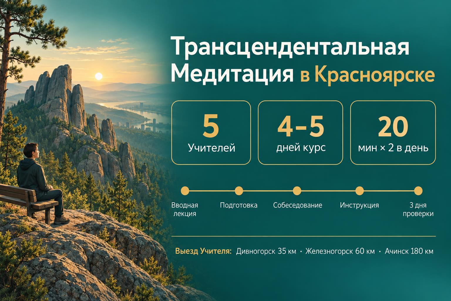 Трансцендентальная Медитация в Красноярске: обучение, Учителя, цены 3 Инфографика: обучение Трансцендентальной Медитации в Красноярске — 5 Учителей, курс 4–5 дней, 20 минут дважды в день, выезд Учителя: Дивногорск, Железногорск, Ачинск