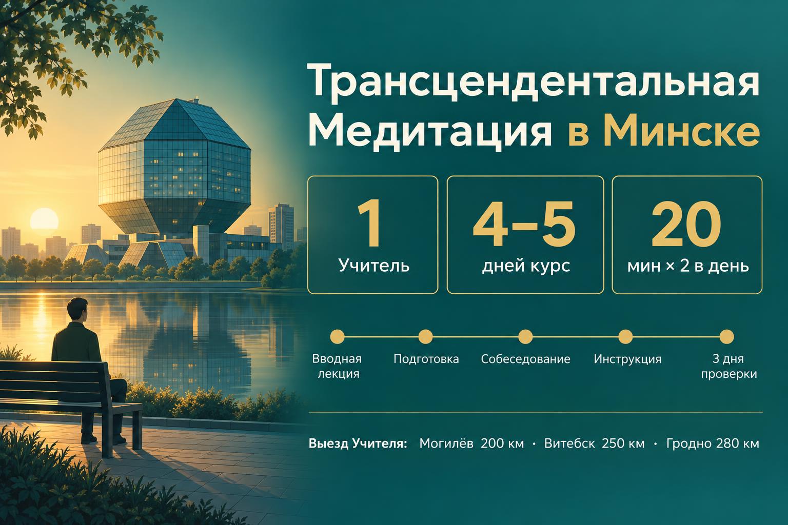 Инфографика: обучение Трансцендентальной Медитации в Минске — 1 Учитель, курс 4–5 дней, 20 минут дважды в день, выезд Учителя: Могилёв, Витебск, Гродно