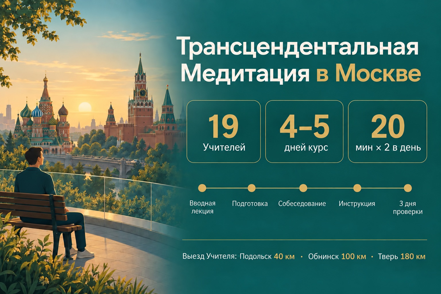 Трансцендентальная Медитация в Москве: обучение, 19 Учителей, цены 4 Инфографика: обучение Трансцендентальной Медитации в Москве — 19 Учителей, курс 4–5 дней, 20 минут дважды в день, выезд Учителя: Подольск, Обнинск, Тверь