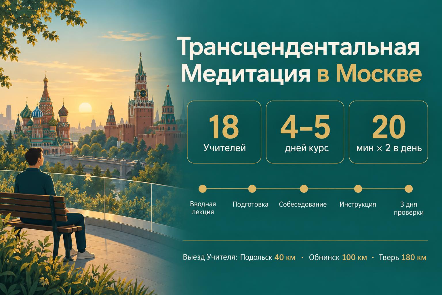 Инфографика: обучение Трансцендентальной Медитации в Москве — 18 Учителей, курс 4–5 дней, 20 минут дважды в день, выезд Учителя: Подольск, Обнинск, Тверь