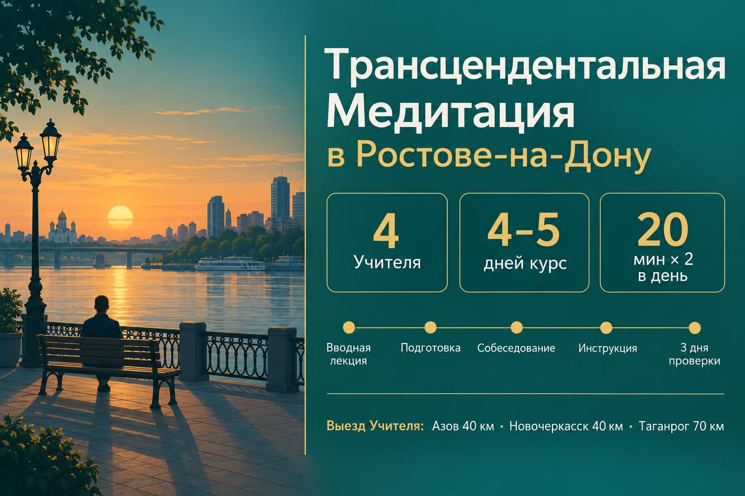 Инфографика: обучение Трансцендентальной Медитации в Ростове-на-Дону — 4 Учителя, курс 4–5 дней, 20 минут дважды в день, выезд Учителя: Азов, Новочеркасск, Таганрог