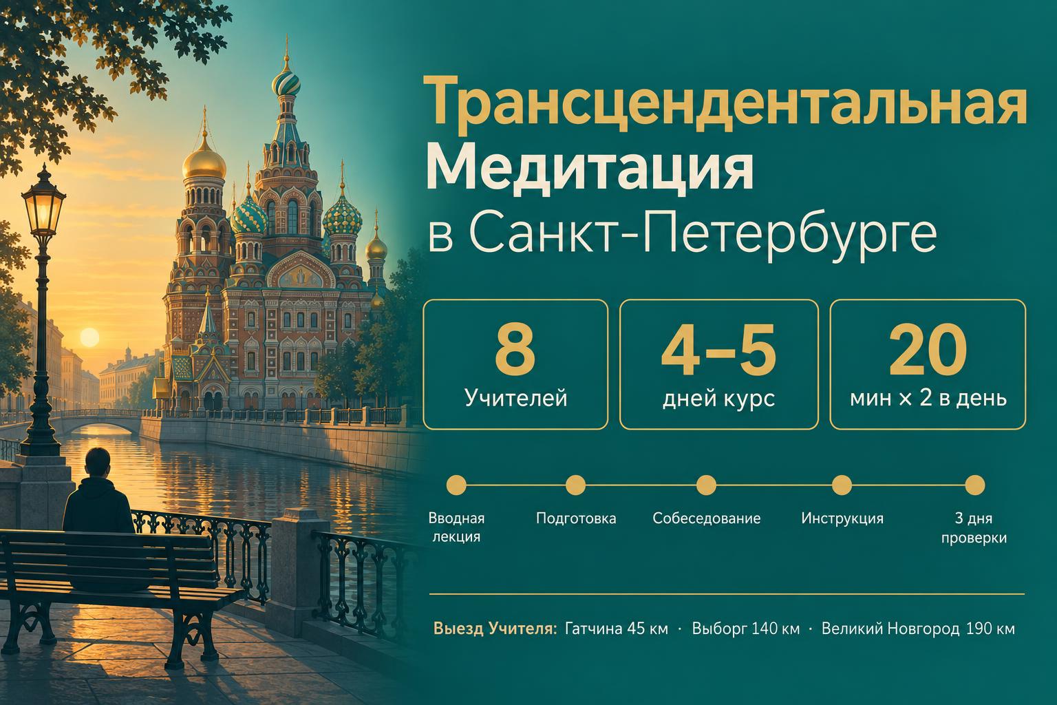 Трансцендентальная Медитация в Санкт-Петербурге: обучение, Учителя, центр ТМ 3 Инфографика: обучение Трансцендентальной Медитации в Санкт-Петербурге — 8 Учителей, курс 4–5 дней, 20 минут дважды в день, выезд Учителя: Гатчина, Выборг, Великий Новгород