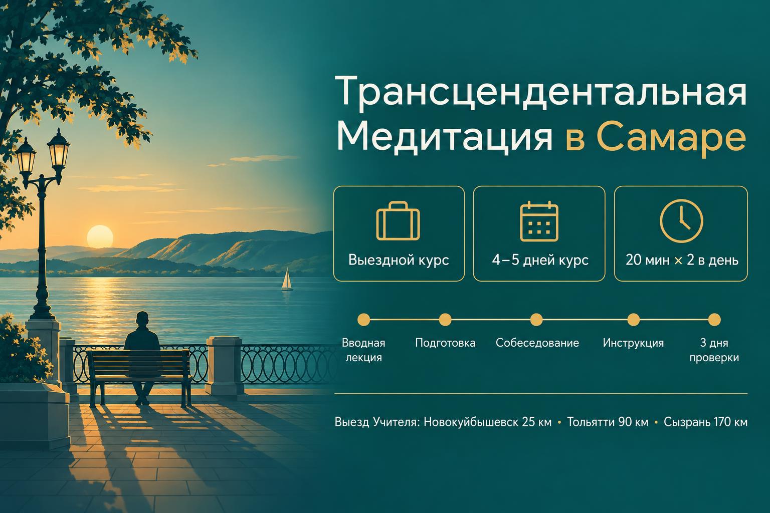 Инфографика: обучение Трансцендентальной Медитации в Самаре — Учитель приезжает на курс, курс 4–5 дней, 20 минут дважды в день, выезд Учителя: Новокуйбышевск, Тольятти, Сызрань